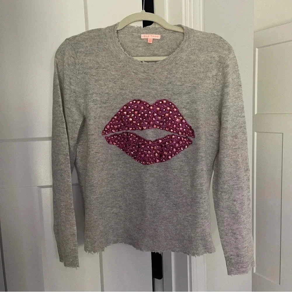 Lisa Todd LIP SERVICE SWEATER Gray Cashmere rhinestone - Picture 2 of 5